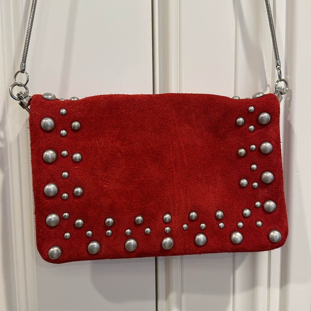 Free People studded red suede convertible clutch bag